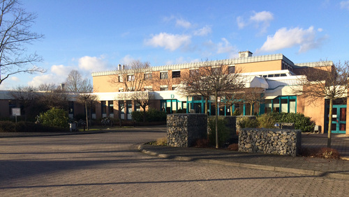 Ein Gebäude mit Flachdach und großen Fenstern im Erdgeschoss umgeben von Bäumen und Sträuchern, befindet sich auf einem weitläufigen, gepflasterten Bereich.