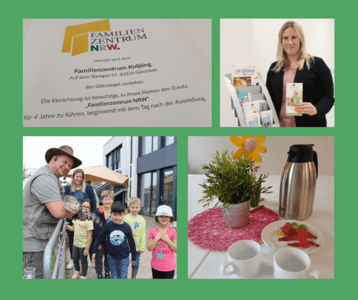 Eine Collage aus vier Fotos zeigt ein Zertifikat für ein Familienzentrum, die Kitaleiterin mit Broschüren, einen Mann, der Kindern ein Krokodil präsentiert, und einen gedeckten Tisch mit einer Pflanze, einer Holzblume, zwei Kaffeetassen, einer Kaffeekanne und einem Teller mit Snacks.