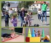 Eine Collage aus drei Fotos fängt lebhafte Szenen von Kindern und Erwachsenen mit einem Mix an Aktivitäten ein, die im Rahmen eines Kindersportabzeichens angeboten wurden.