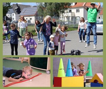 Eine Collage aus drei Fotos fängt lebhafte Szenen von Kindern und Erwachsenen mit einem Mix an Aktivitäten ein, die im Rahmen eines Kindersportabzeichens angeboten wurden.