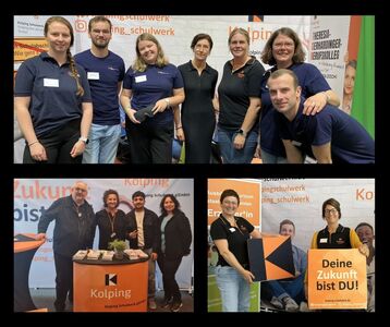 Die Collage zeigt den Messestand des Kolping Schulwerks auf den Messen in Detmold, Brakel und Paderborn.