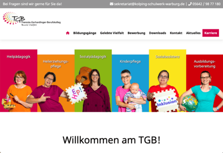 Der Blickfang der neuen Website des Theresia-Gerhardinger-Berufskollegs Warburg-Rimbeck ist die Präsentation der Bildungsgänge im Header.