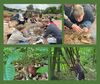 Die vierteilige Collage gibt Einblicke in die Erlebnispädagogik im Wald.