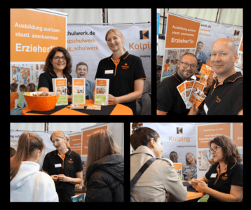 Eine Collage aus vier Fotos zeigt einen belebten Messestand des Kolping Schulwerks, wo einige Lehrerinnen und Lehrer für die Ausbildungen am Kolping-Sozial-Berufskolleg Delbrück werben.