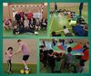 Eine Collage mit vier Bildern zeigt Kinder und Erwachsene bei unterschiedlichen sportlichen Aktivitäten in einer Turnhalle.