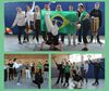 Eine Collage aus drei Fotos zeigt eine Gruppe von Menschen in einer Turnhalle, die sich im Capoeira üben.