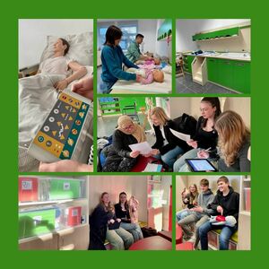 Eine Collage aus sechs Fotos zeigt die Ausstattung des Pflegeraums in der Lernwelt "Gesundheit" am Theresia-Gerhardinger-Berufskolleg Warburg-Rimbeck.