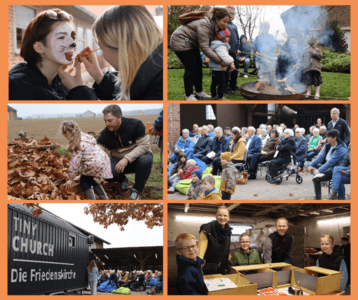 Eine Collage aus sechs Fotos zeigt die Attraktionen eines Hoffestes auf dem Kolping Gutshof, unter anderem mit Kinderschminken, einem Gottesdienst an der Tiny Church und Stockbrotbrate an einer Feuerstelle.