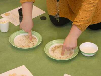 Eine Person in einem gelben gepunkteten Hemd kniet auf einem grünen Teppich und taucht ihre Zeigefinger in zwei grün-umrandete Teller, die mit Wasser und Pfeffer getaucht sind.