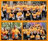 Eine Collage aus drei Bildern zeigt Menschen in orangefarbenen Kolping-Shirts, die an einem Firmenlauf teilnehmen.