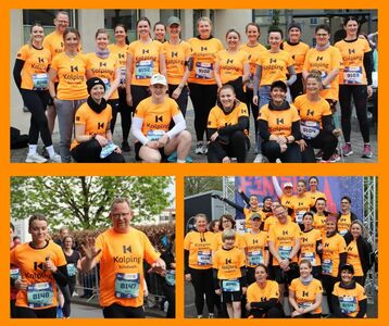 Eine Collage aus drei Bildern zeigt Menschen in orangefarbenen Kolping-Shirts, die an einem Firmenlauf teilnehmen.