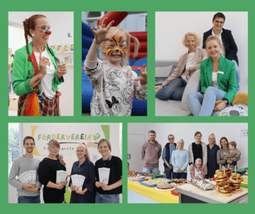 Die Collage zeigt fünf Bilder mit den Attraktionen eines Tags der offenen Tür in einer Kita unter anderem mit einer Clownin, einem Kind mit geschminktem Gesicht und einer Kuchentheke.