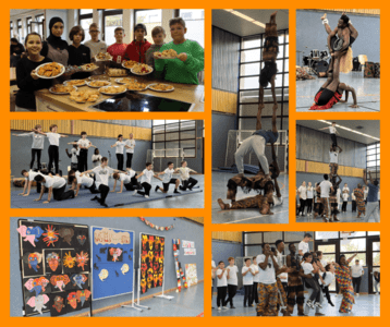 Eine Collage aus sieben lebhaften Szenen zeigt die Ergebnisse einer Schulprojektwoche.