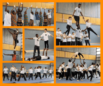 Eine Collage aus sechs lebhaften Szenen zeigt die Ergebnisse einer Schulprojektwoche.